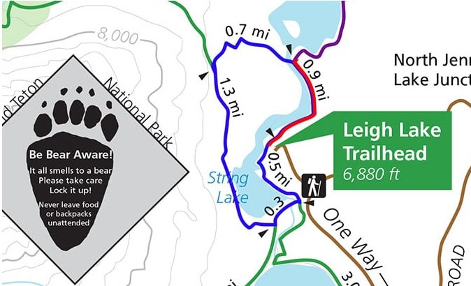 Map of Hiking Trail from String Lake to Leigh Lake