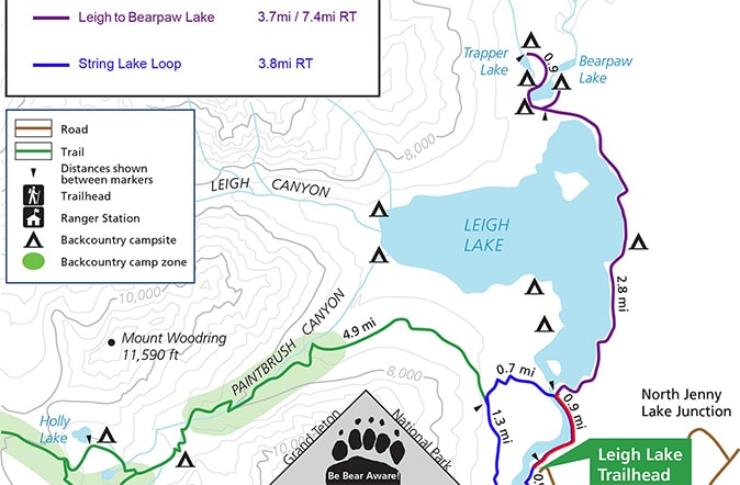 Map of String Lake Hiking Trail to Leigh Lake and then on to Bear Paw and Trapper Lakes