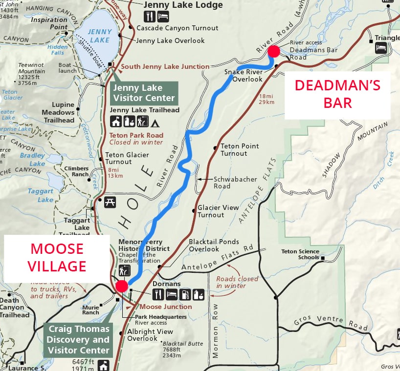 Map of Barker Ewing Scenic Float Trip's 10-mile Route on the Snake River