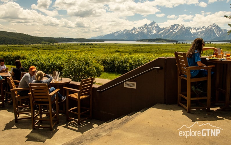 Grand Teton in distance seen from Jackson Lake Lodge Deck