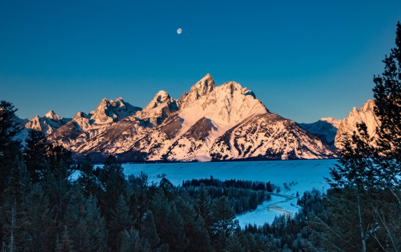 Grand Teton Snake River Overlook in Winter with snow on Tetons and foreground