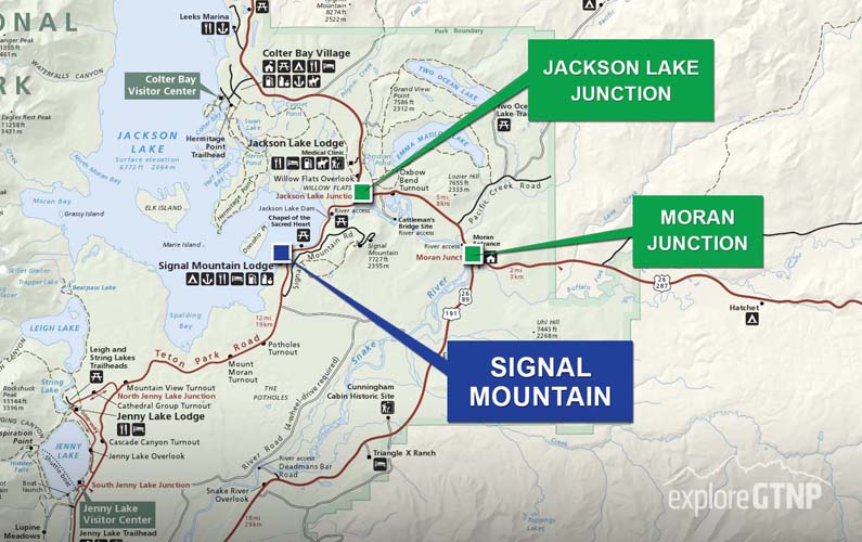 Map of Grand Teton National Park with Signal Mountain Lodge Labeled