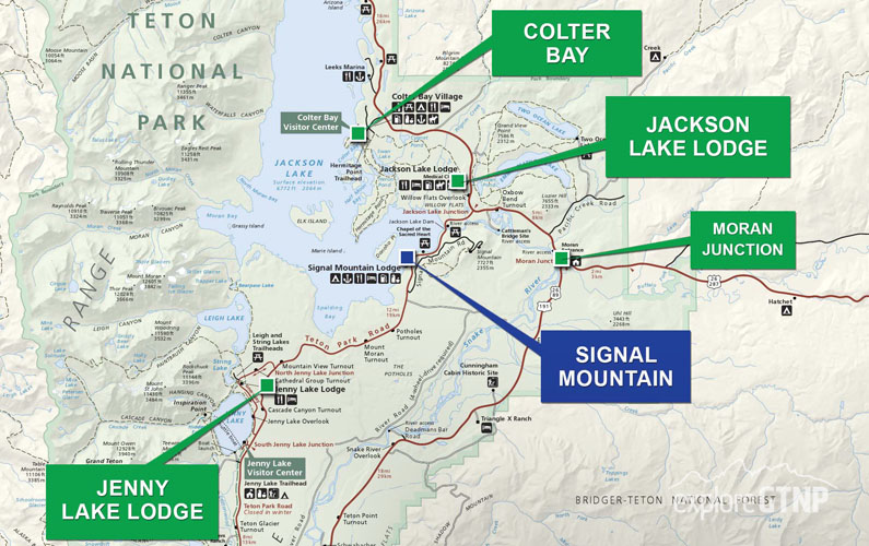 Grand Teton National Park Lodging Options Map - with Signal Mountain highlighted