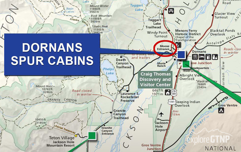 Grand Teton National Park Map with Dornan Spur Cabins Highlighted