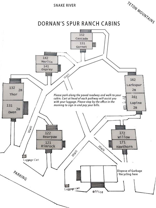 map of the cabins at Dornans in Grand Teton National Park