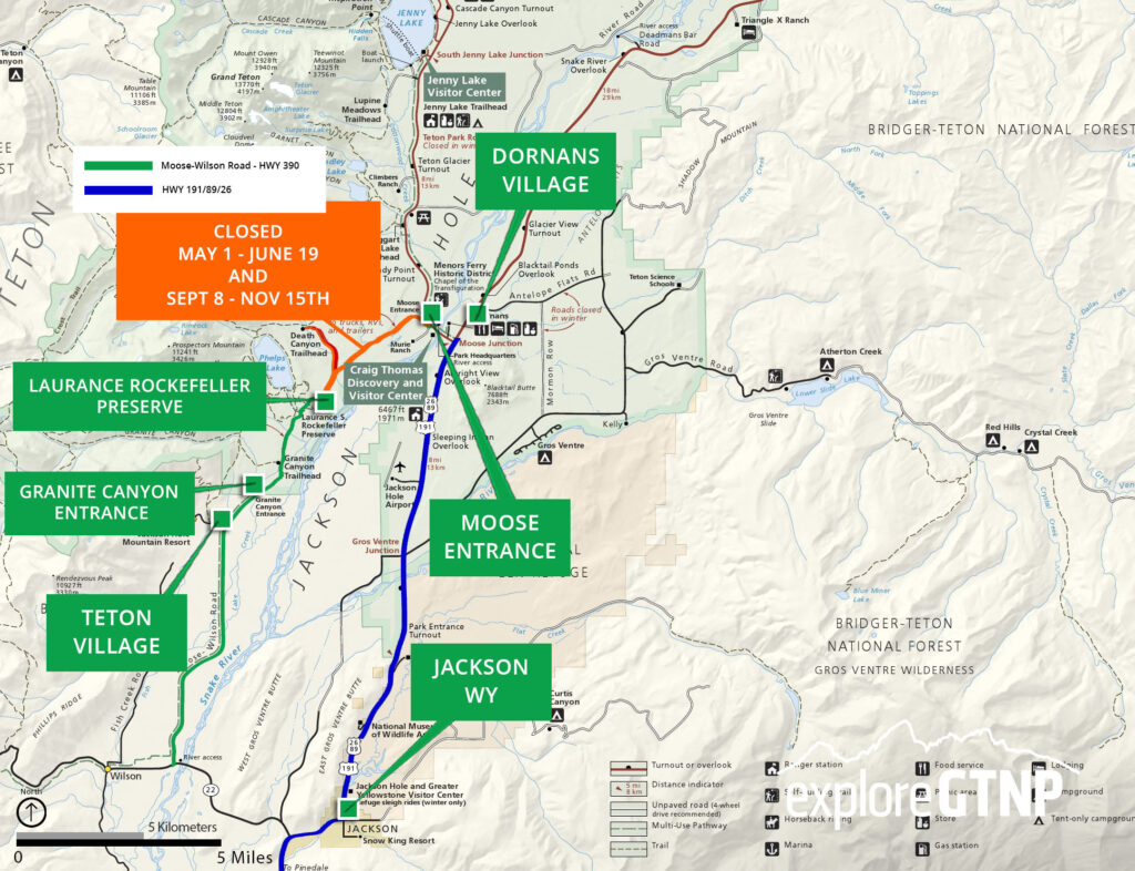 Map of Moose Wilson Road in Grand Teton National Park showing closures for 2026.