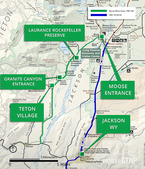 Map of Moose Wilson Road (green) and HWY 191/89/26 (blue)