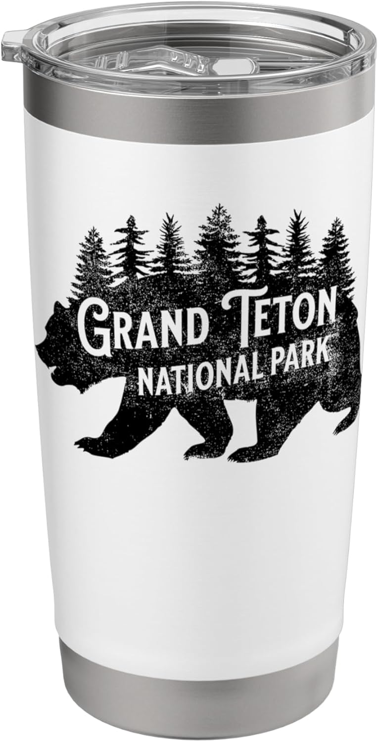 Stainless Steel Tumbler - White, with black logo and image of a bear with words of Grand Teton National Park