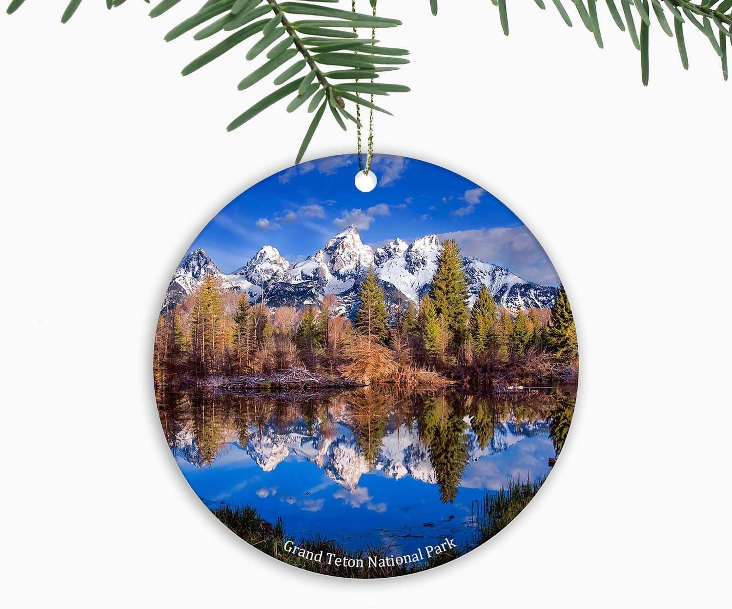 Round, flat Christmas Ornament with a photographic scene of Schwabacher Landing- by BICUP