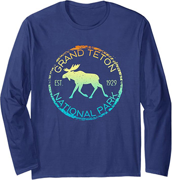 Long sleeve t-shirt with Grand Teton National Park on it and a moose