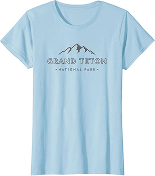 Blue tshirt with the words "Grand Teton" on it and mountains