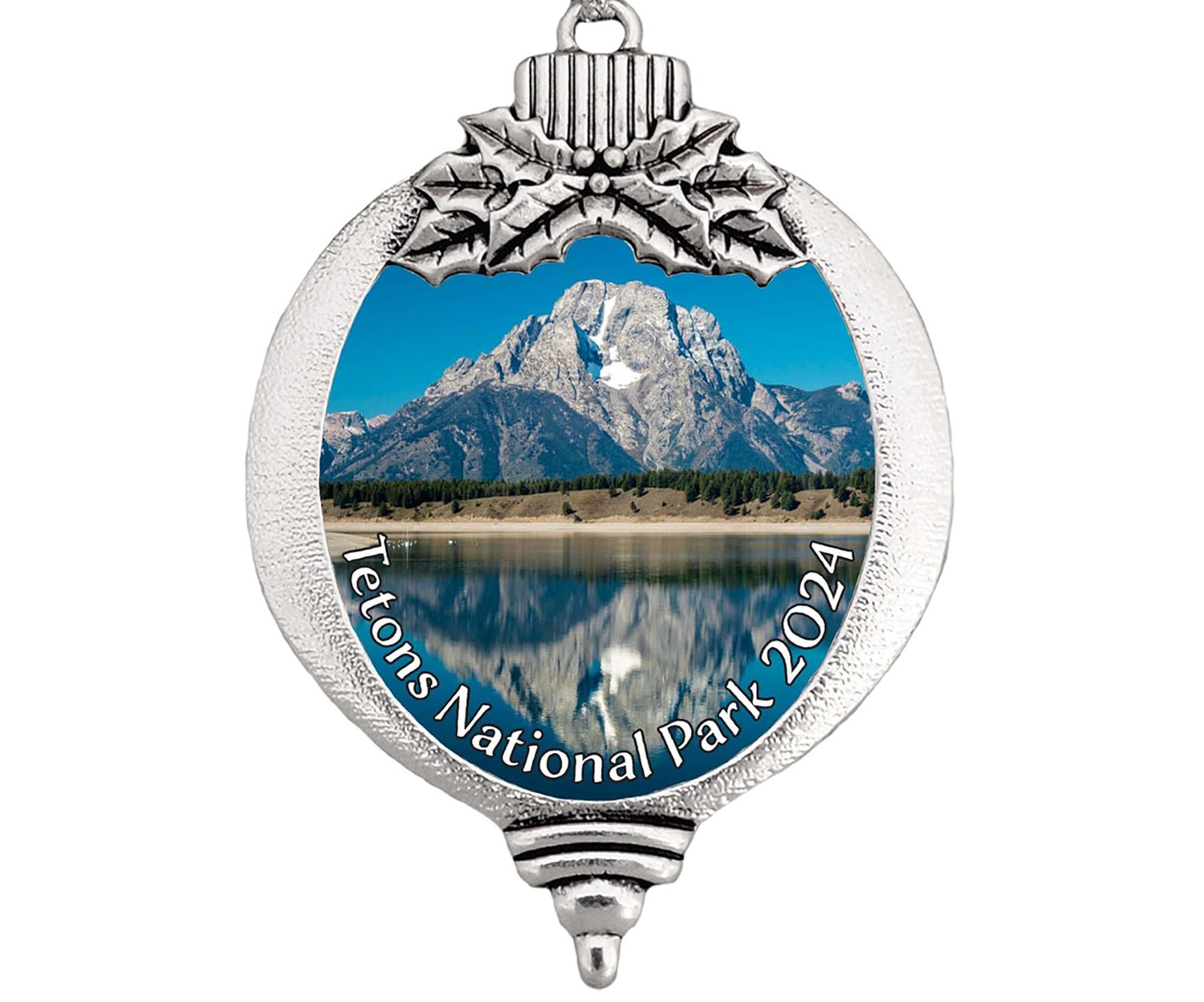 Silver Plated Metal Christmas Ornament with photo of Oxbow Bend in it and year marked 2024